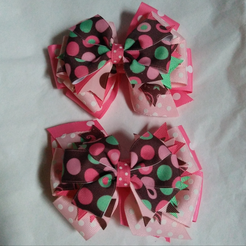 Handmade Boutique Polka Dot Stacked Hair Bows Pink Brown Green